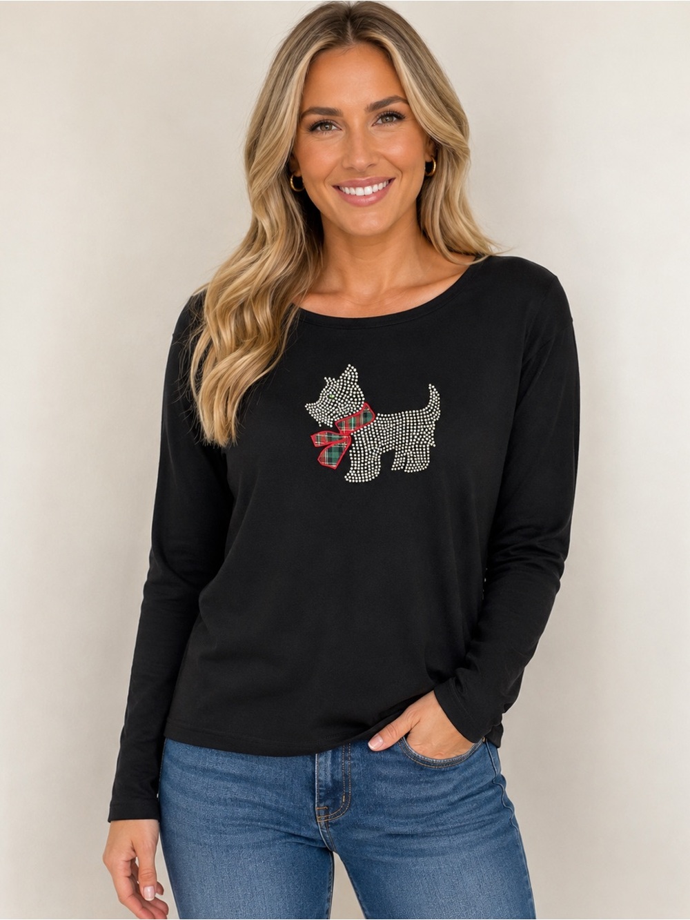 Erika Black Top with Rhinestone Dog and Bow